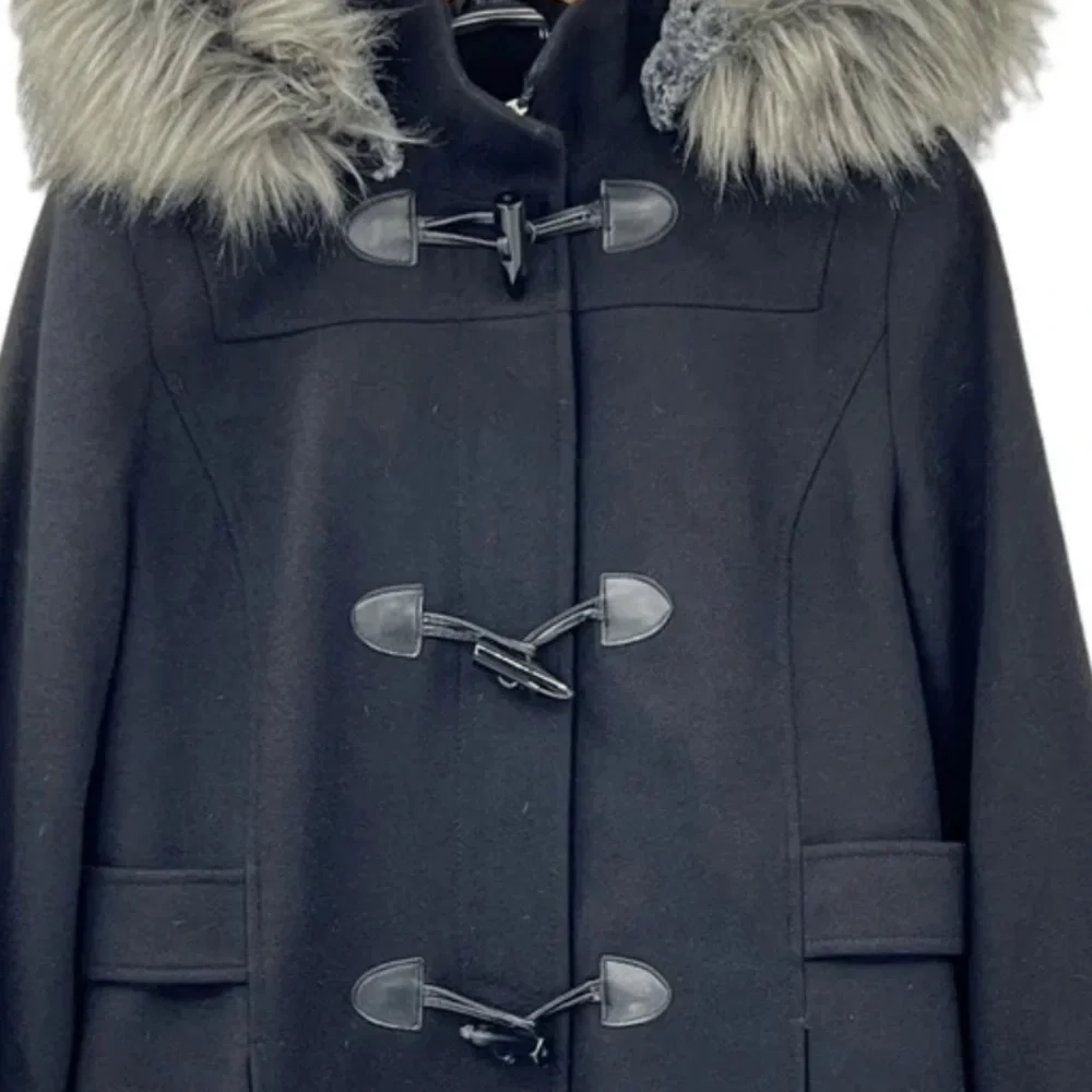 NAUTICA Black WITH GRAY FUR WOOL PARKA TOGGLE TUSK BUTTON PENNY LANE COAT M - Picture 5 of 10